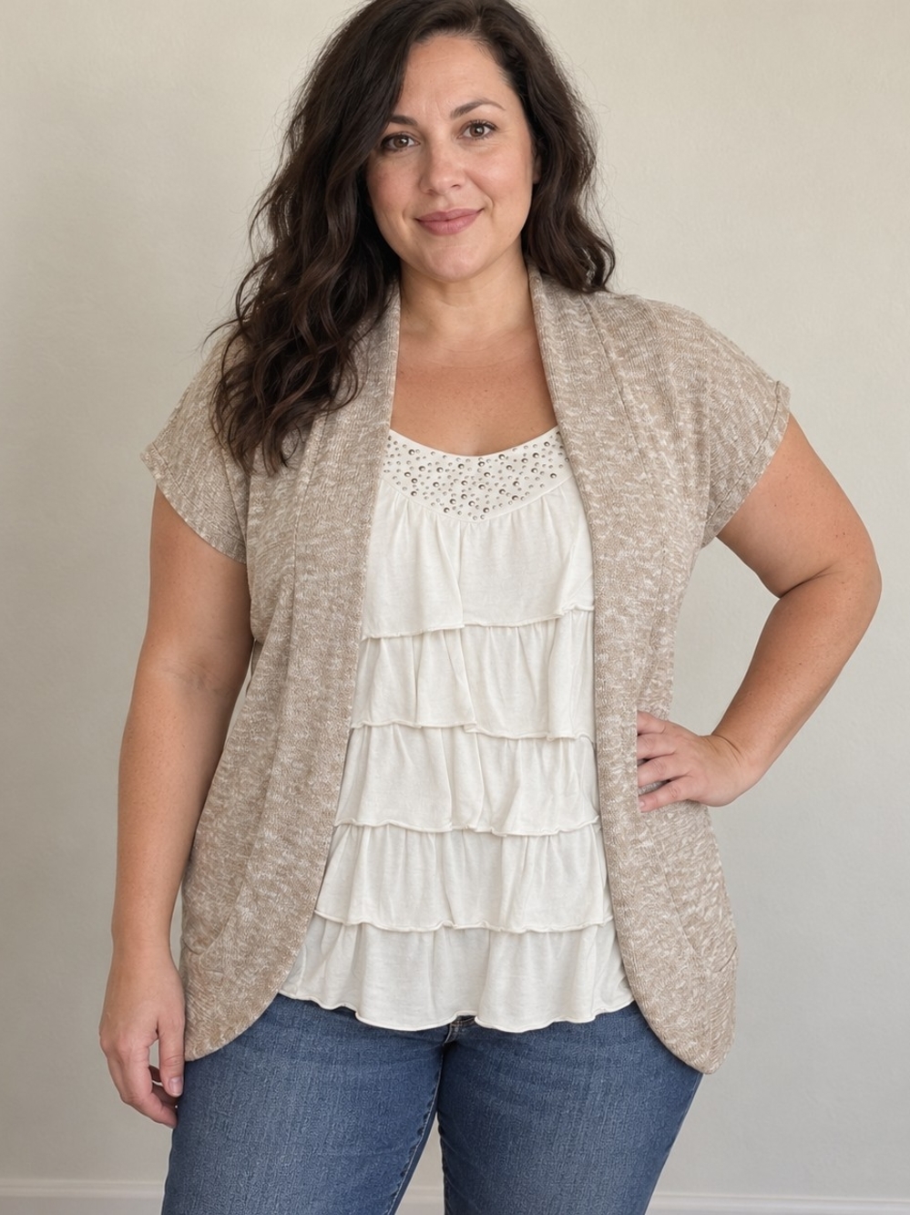 #1314 HeartSoul XL Taupe & White 2-in-1 Layered Ruffle Top Studded Neckline